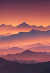 Fototapeta premium Fiery ombre sunset over misty mountain range, gradient sky, gradient, fiery
