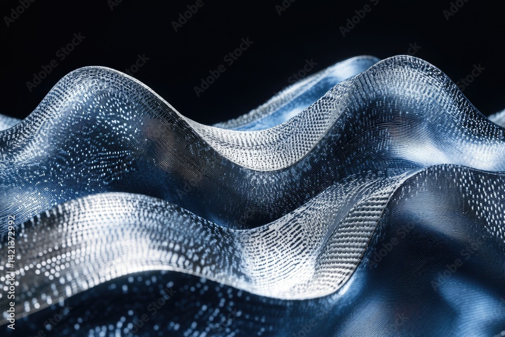 Poster Abstract wavy textured surface with a metallic blue and silver pattern, suggesting technology or data visualization.
