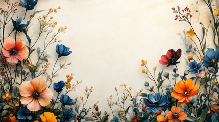 Whimsical Floral Watercolor Painting with Pastel Background and Colorful Flowers Arrangement Delicate Illustration