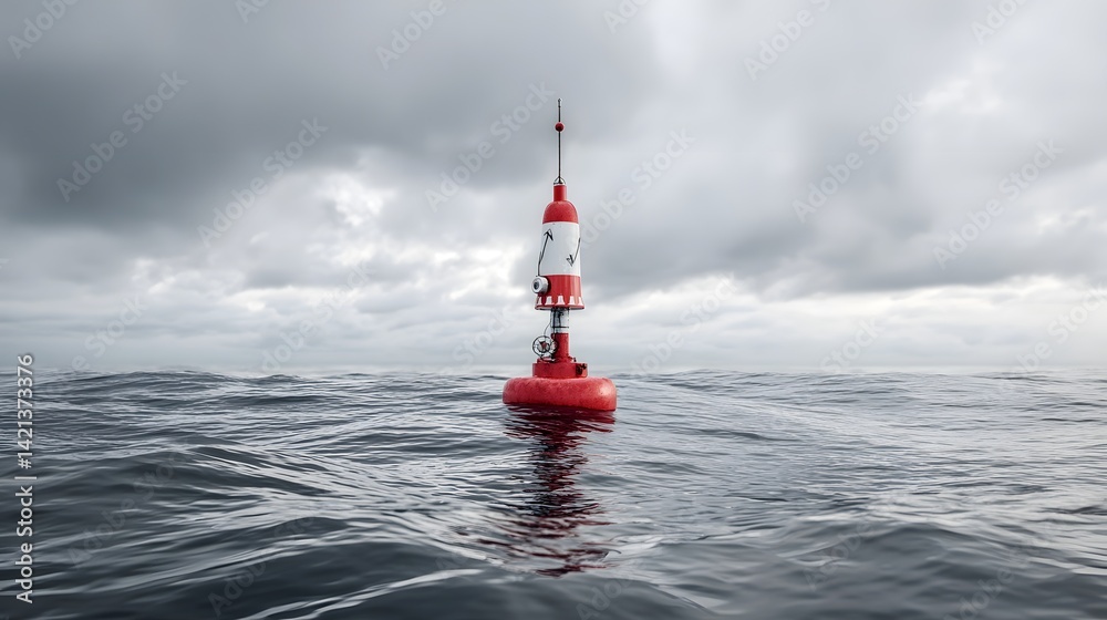 Fototapete a red and white weather buoy floating in the choppy turbulent ocean waters sensing and monitoring ch