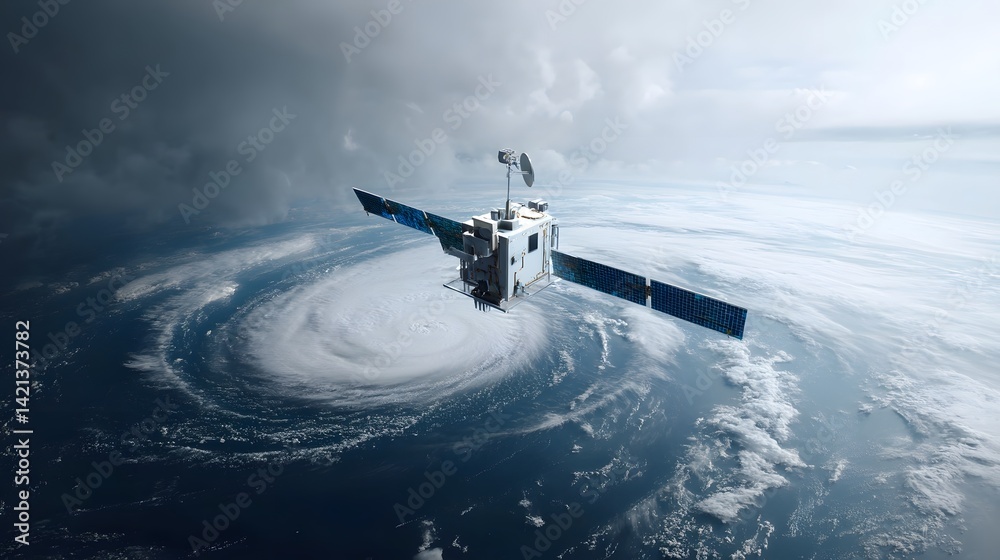 Aufkleber a satellite orbiting the earth capturing detailed data on a powerful cyclone swirling across the pla