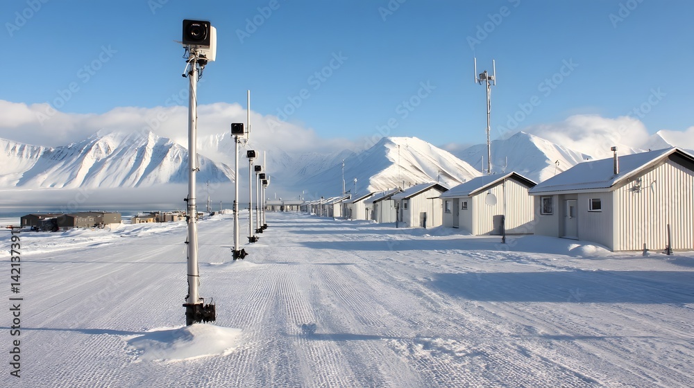 Poster A sensor array at an isolated arctic research facility gathering crucial atmospheric pressure data in a remote snow covered landscape with mountains in the background