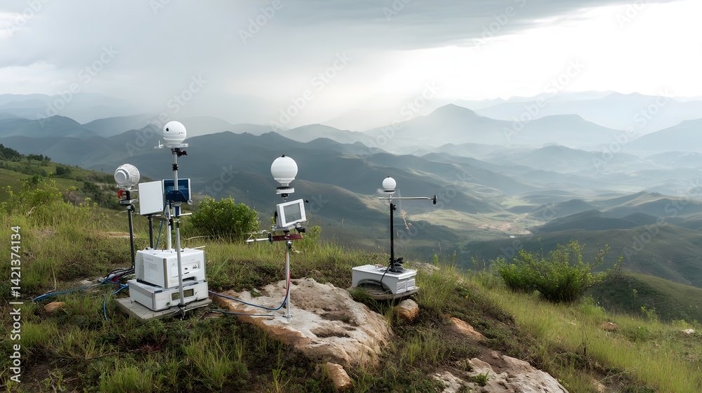 Poster A set of professional weather station instruments and sensors installed on a remote hilltop collecting data on wind temperature