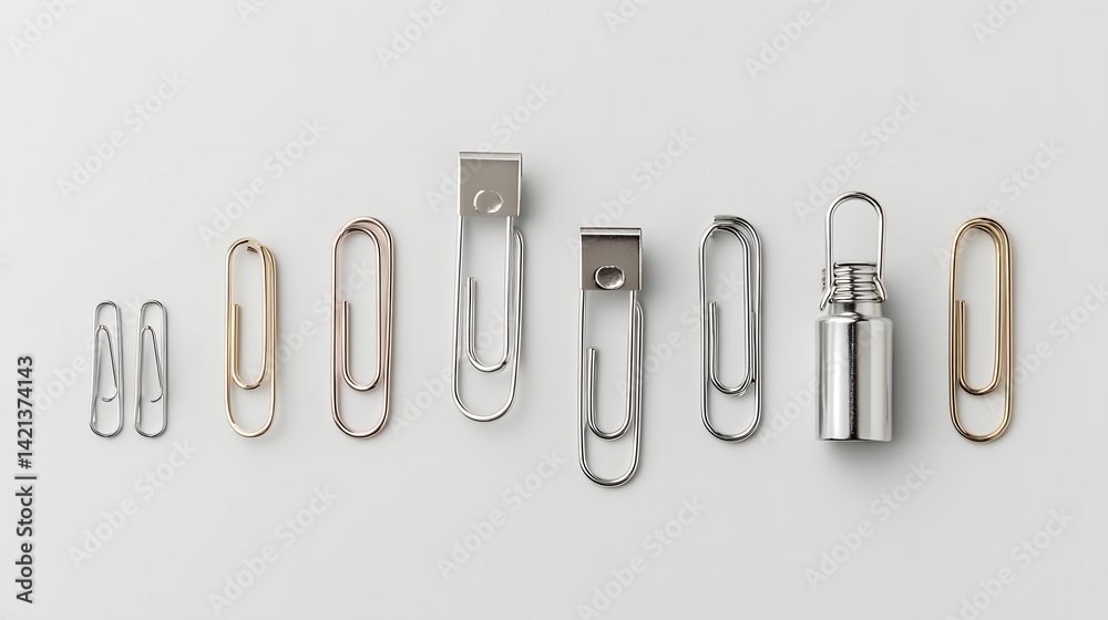 Poster a set of uniform stainless steel paper clips meticulously arranged in a grid like pattern on a clean