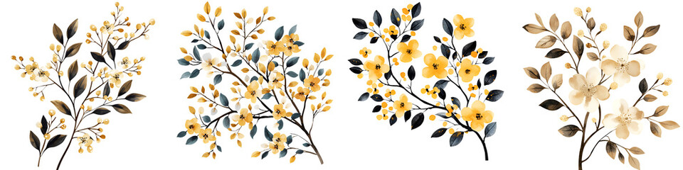 Elegant autumn leaves on branches. long_title:Delicate, natural autumn foliage with yellow, brown, and green leaves gently decorating the branches of