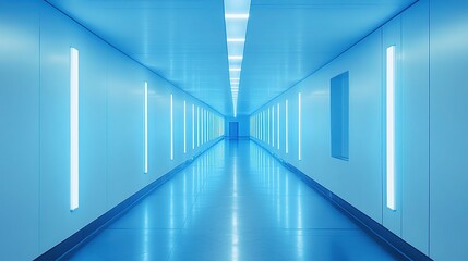 Obraz premium Futuristic space station corridor, with glowing blue neon panels and clean white surfaces, showing retro-futuristic design and cinematic lighting effects, empty but full of advanced sci-fi atmosphere.