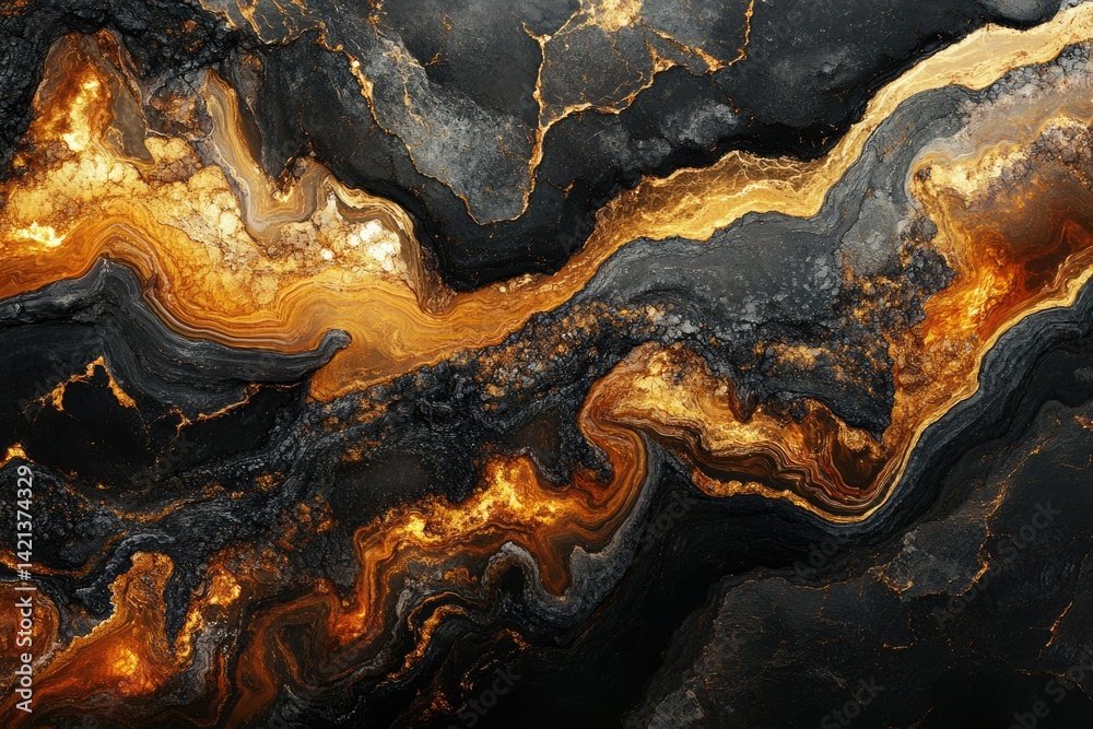 Poster abstract art depicting swirling black and gold patterns resembling a luxurious marble texture.