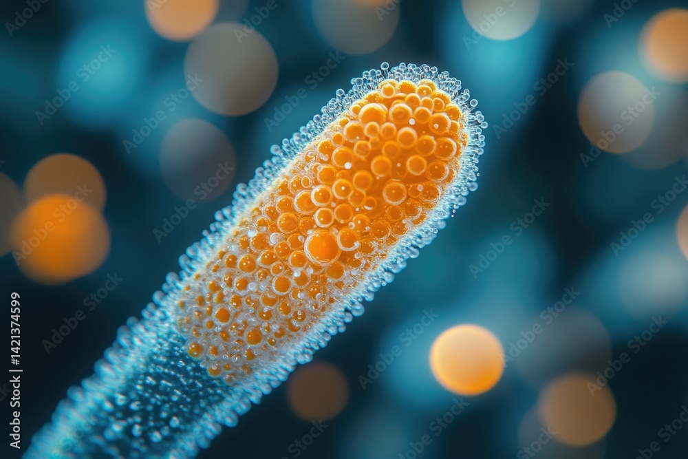 Poster microscopic view of a structure resembling an orange-hued organism covered in small bubbles against 