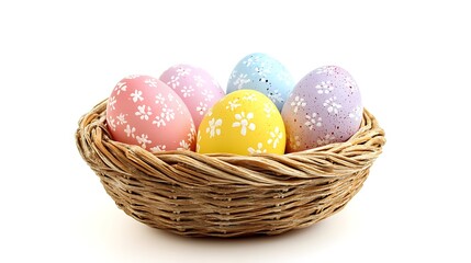 Naklejka premium Easter eggs with floral patterns in a woven basket on white background