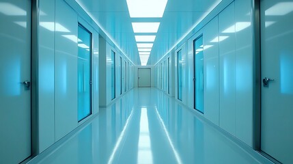 Futuristic space station corridor, with glowing blue neon panels and clean white surfaces, showing retro-futuristic design and cinematic lighting effects, empty but full of advanced sci-fi atmosphere.