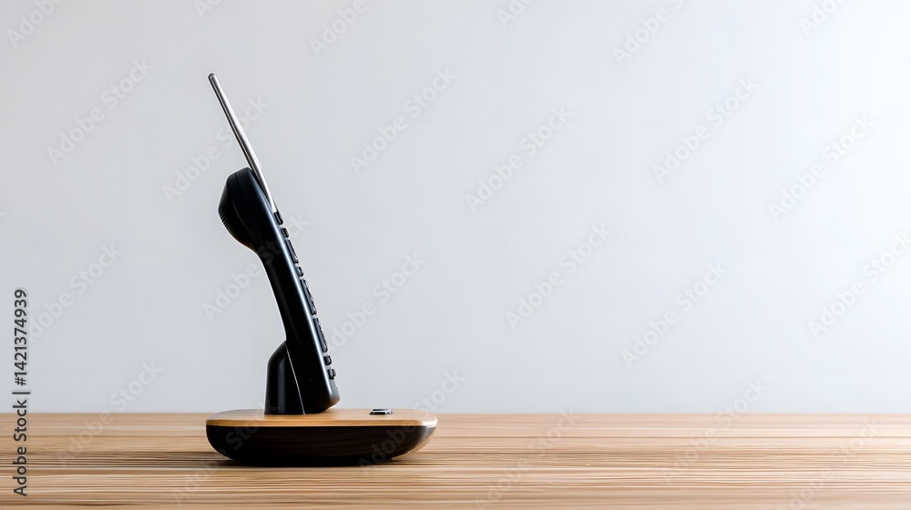 Poster A sleek cordless desktop phone handset resting on a wooden surface in a clean minimalist studio environment with a plain white background