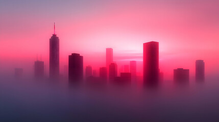Fototapeta premium Pink City Skyline Emerging from Fog at Sunrise