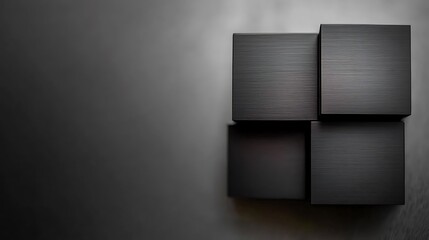 Four textured, brushed metal cubes arranged on gray surface, casting shadows with gradient background