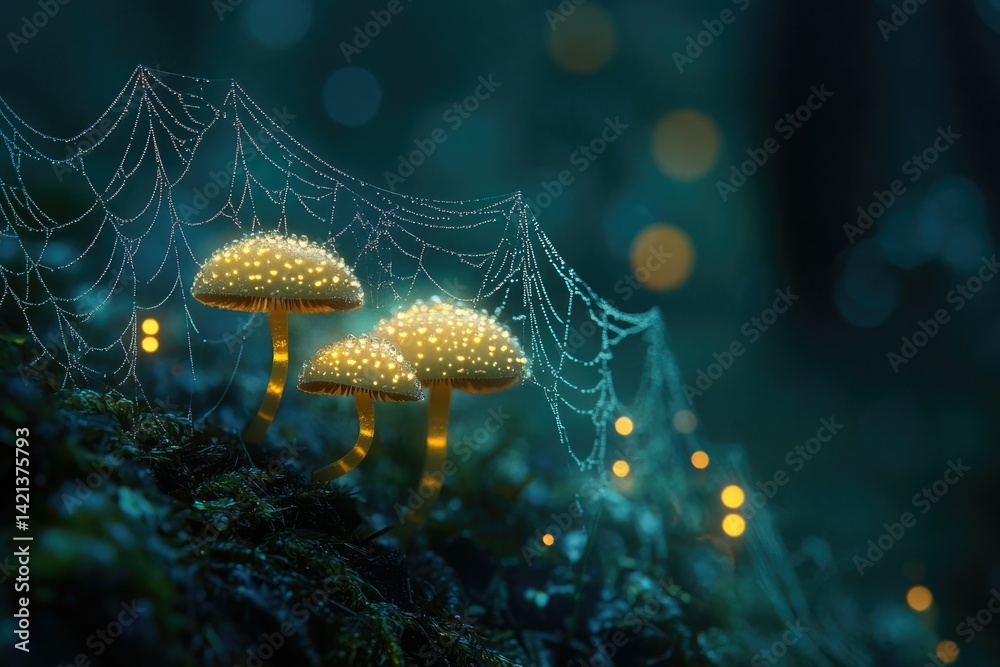 Poster glowing mushrooms illuminated by soft light, nestled amongst a dewy spiderweb in a dark forest.