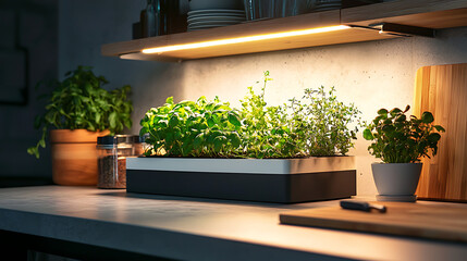 compact diy hydroponic unit fitted under kitchen countertop, herbs and greens