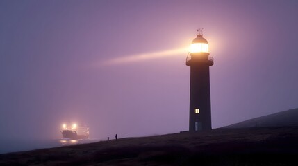 Fototapeta premium A solitary lighthouse beacon shining its light over the calm sea guiding a ship through the serene twilight sky with dramatic clouds and a glowing horizon