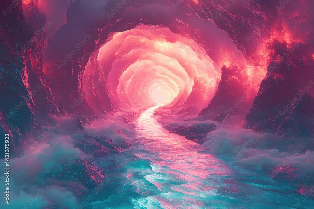 Poster a surreal, glowing pink tunnel with a river flowing towards a bright light, creating a mystical and 