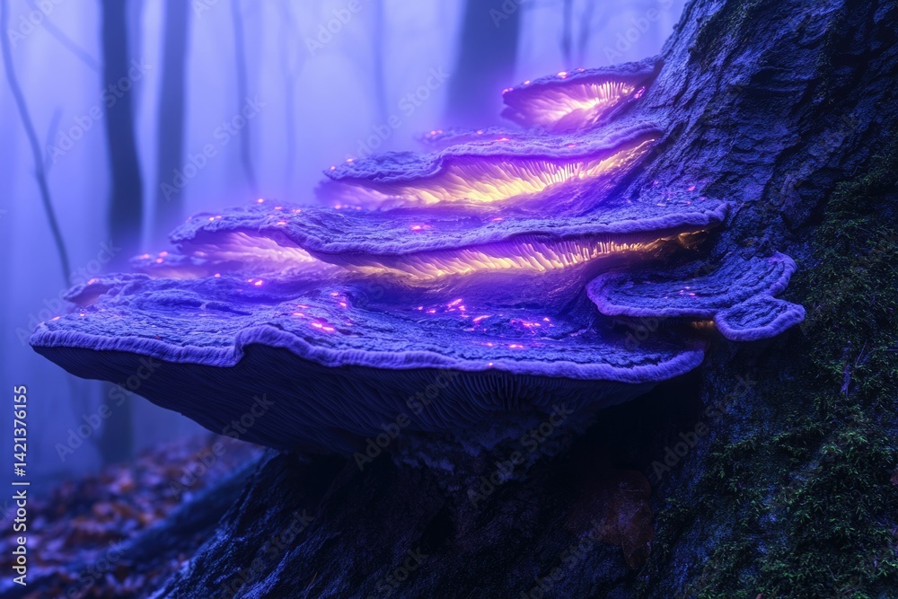 Poster glowing bioluminescent mushroom on a tree trunk in a misty forest, magical fantasy scene.