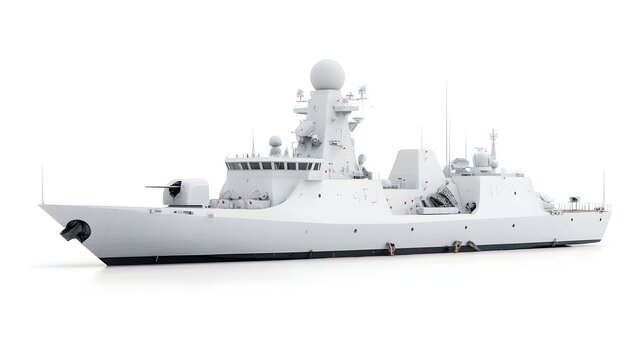 A sophisticated and technologically advanced naval warship model standing out in a clean white environment with a professional advertisement style presentation