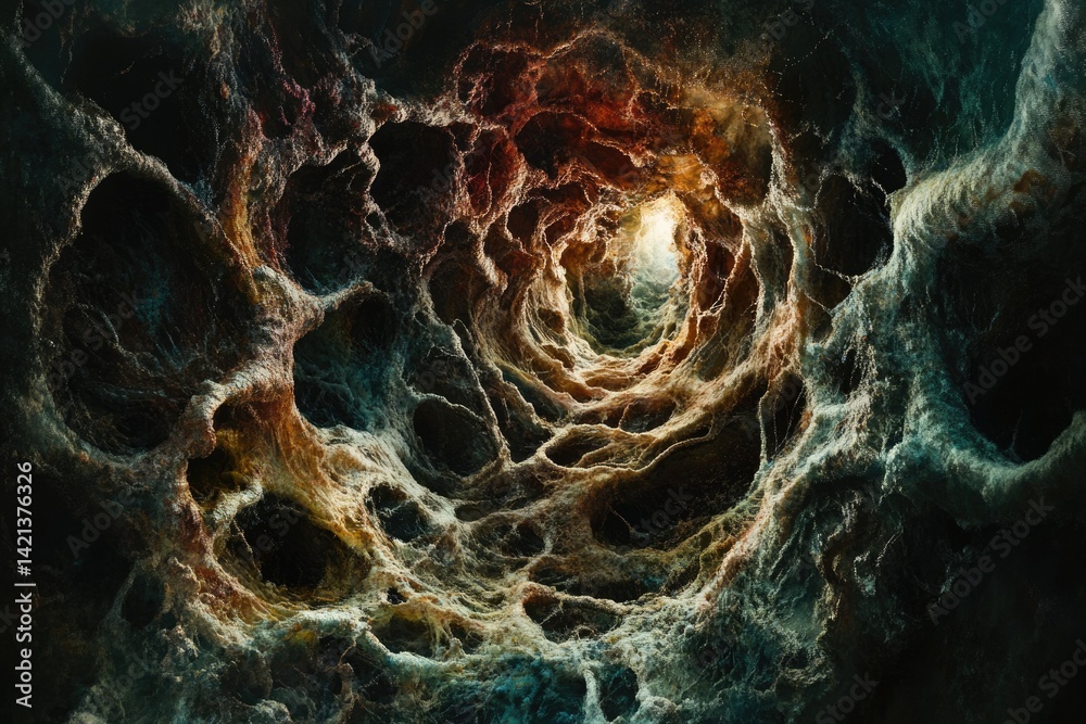 Poster a surreal, organic tunnel with textured walls, glowing faintly at the end, creating a mysterious and