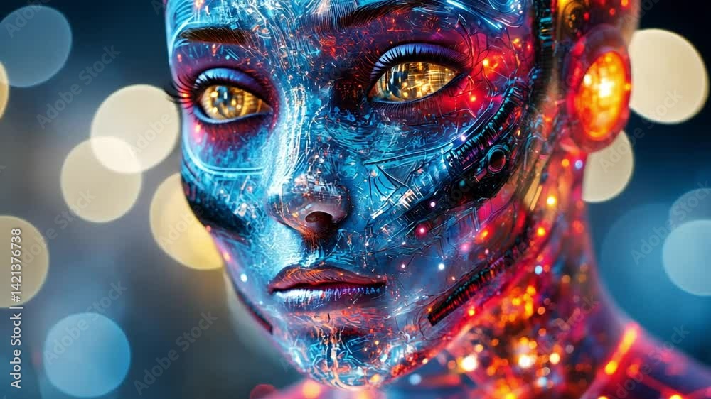 Poster this image features a stunning, ethereal face adorned with colorful cosmic patterns. it merges scien