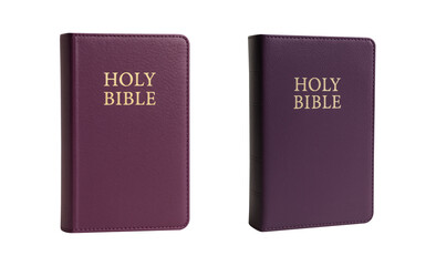 Set of Purple Holy Bibles with Gold Lettering on Transparent Background
