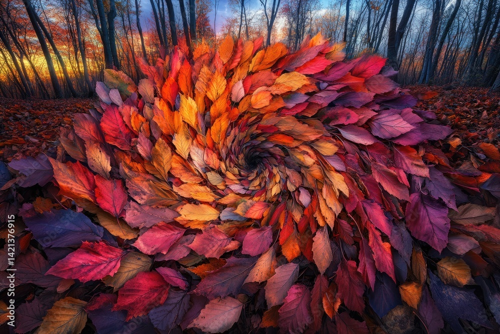 Aufkleber autumn leaves arranged in a mesmerizing spiral in a forest setting at sunset.