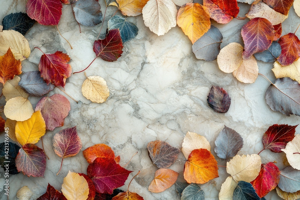 Poster autumn leaves arranged on marble background, creating a vibrant and colorful frame.