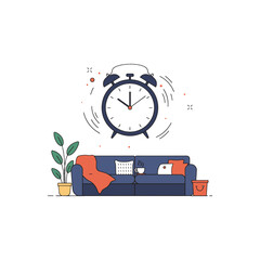 A wakeup scene alarm clock over a cozy living space with a sofa