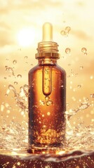 Amber Glass Dropper Bottle with Water Splashes Against a Sunset Background