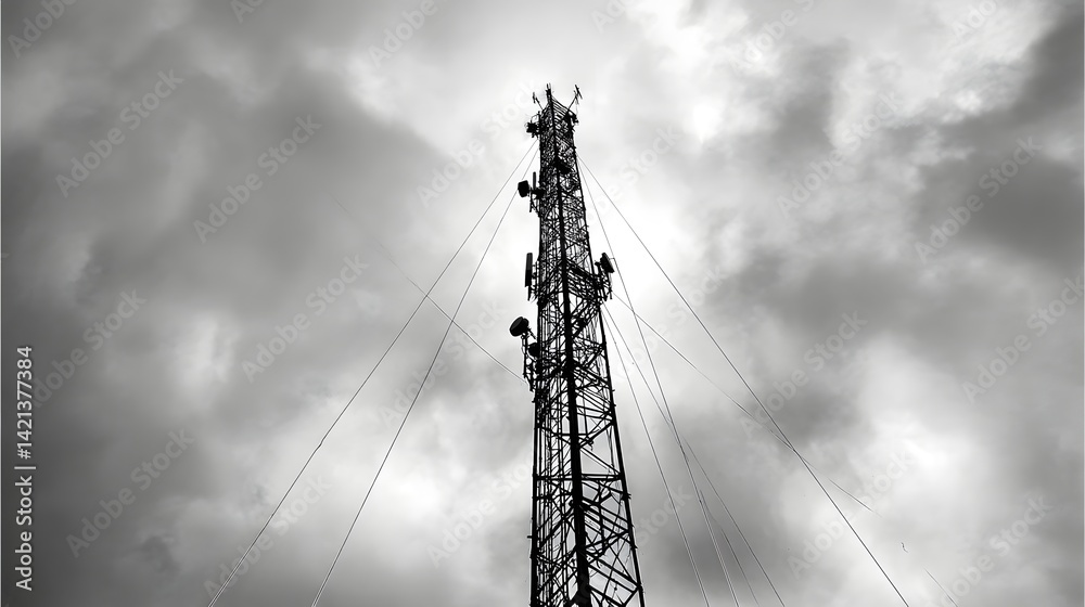 Poster a towering communications structure sways amidst a dramatic stormy sky filled with ominous clouds sh