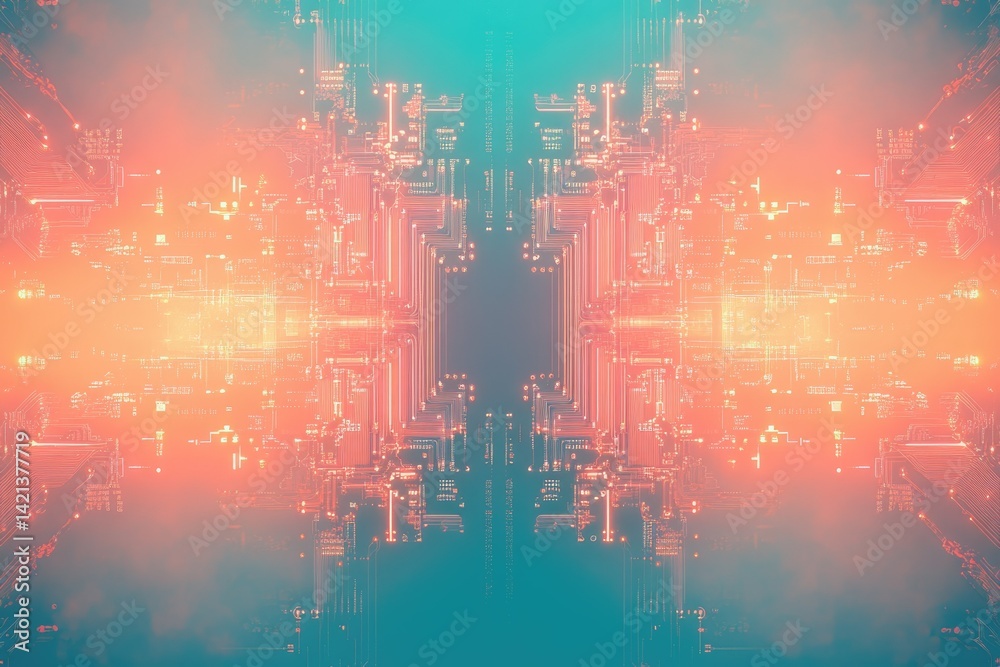 Poster Abstract digital circuit board design with symmetrical glowing orange lines on a teal background, representing technology and connectivity.
