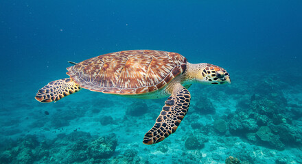 Obraz premium Sea Turtle Swimming Underwater Over Coral Reef