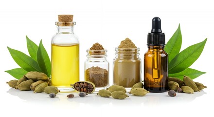 Cardamom Derivative Products Mockup Featuring Seed Pods and Leaf Structure on White Background for Brands and Product Display