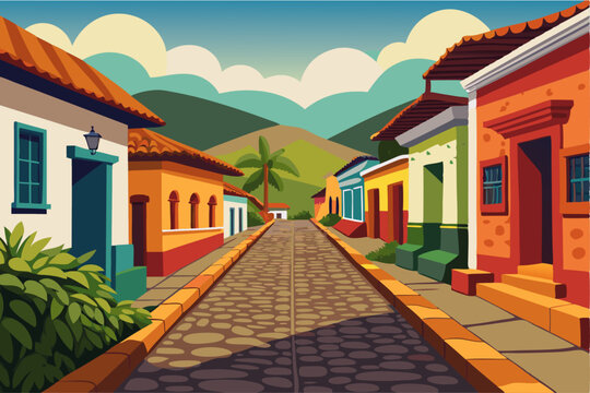 Looking down a latino colonial modest houses en un camino empedrado. House illustration vector design.