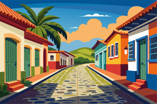 Looking down a latino colonial modest houses en un camino empedrado. House illustration vector design.