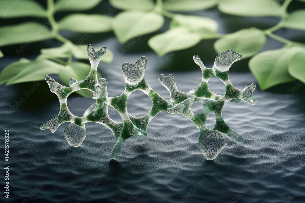 Aufkleber Abstract 3D rendering of a translucent, green-veined, intricate structure resembling a molecule or microscopic organism, set against a blurred background of green leaves.