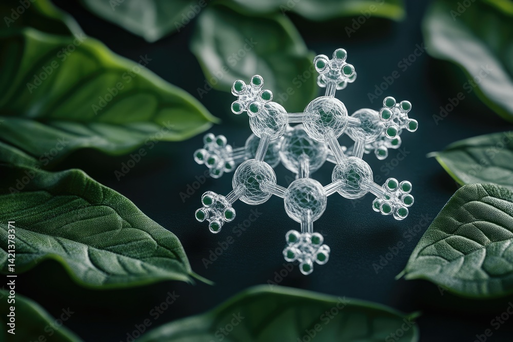 Poster a 3d model of a molecule rests on lush green leaves, representing the connection between nature and 