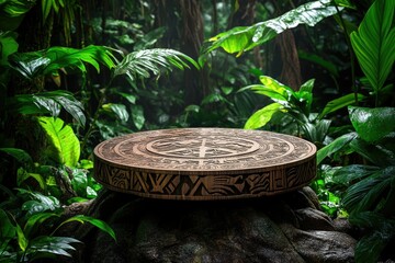 Intricate wooden circular platform sits amidst lush, verdant jungle foliage.