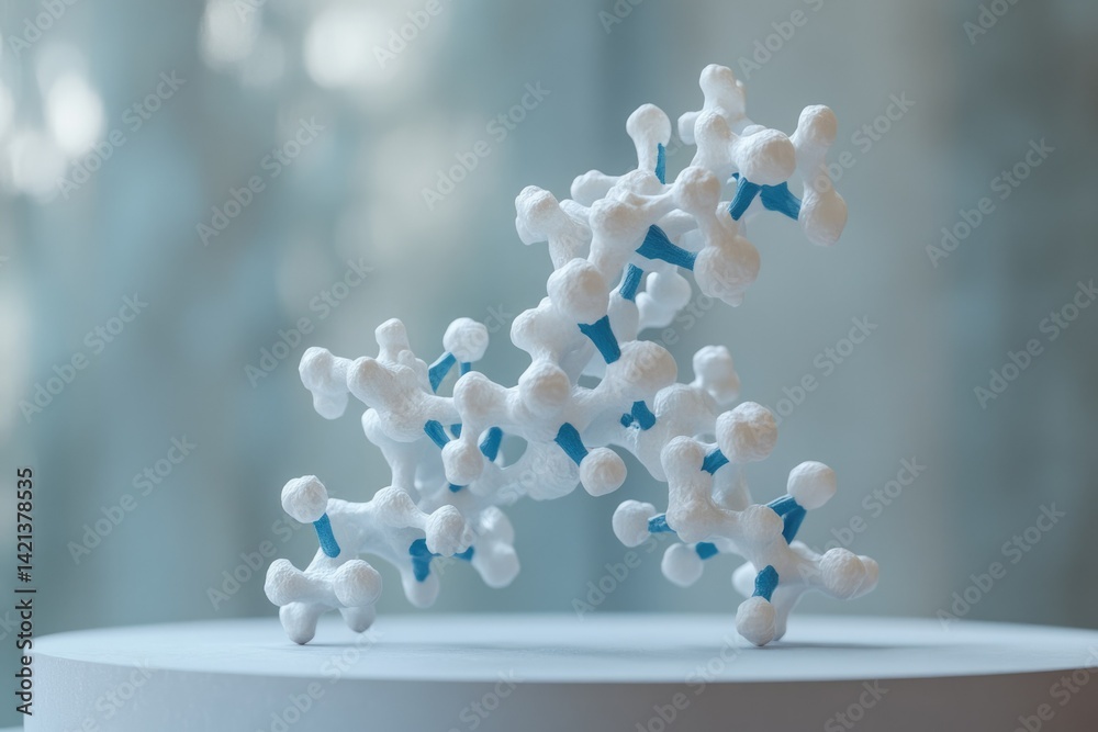 Poster 3D model of a complex molecule with white and blue components, possibly representing a protein or other biomolecule.