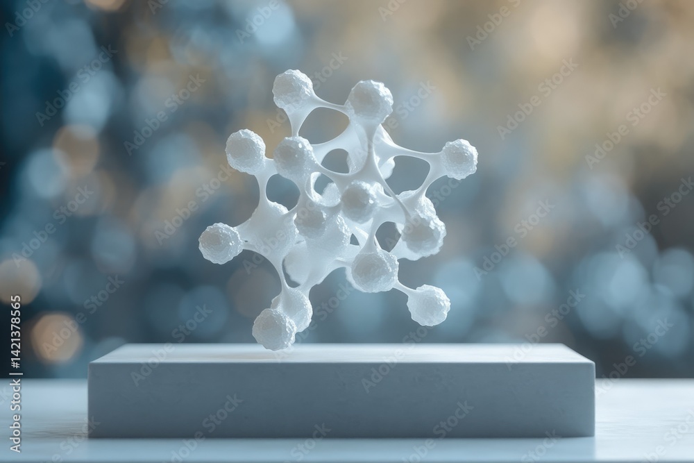 Fototapete abstract 3d rendering of a complex molecule structure, floating above a white platform.