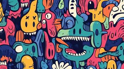 Colorful doodle art featuring many unique and playful cartoon monsters