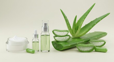 Aloe Vera Product Line with Leaf Cross Section and Gel on Beige Background Detailed Botanical Mockup