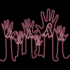 Obraz premium United for a Cause Crowd of Hands Raised with Charity Ribbons, Solidarity and Support icon neon glow vector illustration concept