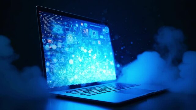 A glowing laptop emits vibrant blue particles in a dark environment, suggesting digital innovation