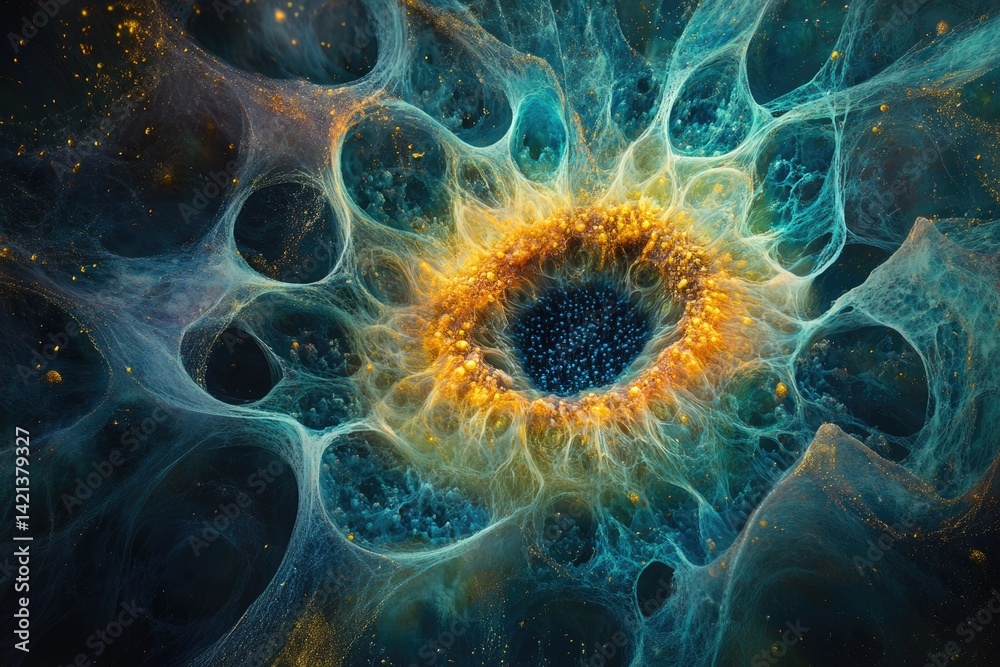 Poster Abstract cosmic artwork depicting a vibrant nebula with intricate, web-like structures and glowing golden accents.