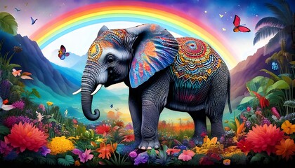 Fototapeta premium Ornate Elephant in Vibrant Rainbow Garden a whimsical digital painting with rich colors and lush