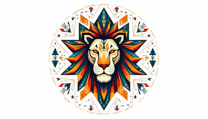Obraz premium An eye-catching illustration of a lion's head surrounded by geometric shapes and patterns.
