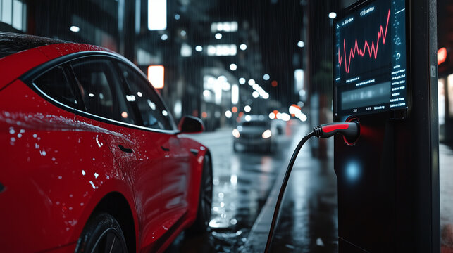 Rain-speckled red electric vehicle under canopy, EV charger locked in place, backlit screen displays animated rising price bar - Powered by Adobe