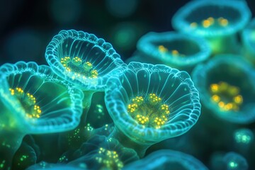 Close-up of bioluminescent aquatic life, glowing with vibrant teal and gold.
